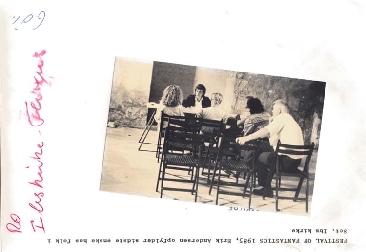 Postcard produced for the festival. Eric Andersen grants peoples' last requests at Sct. Ibs Church

